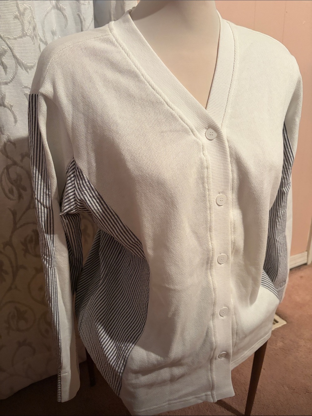 White V-Neck Button Front Women’s Sweater with Striped Panels